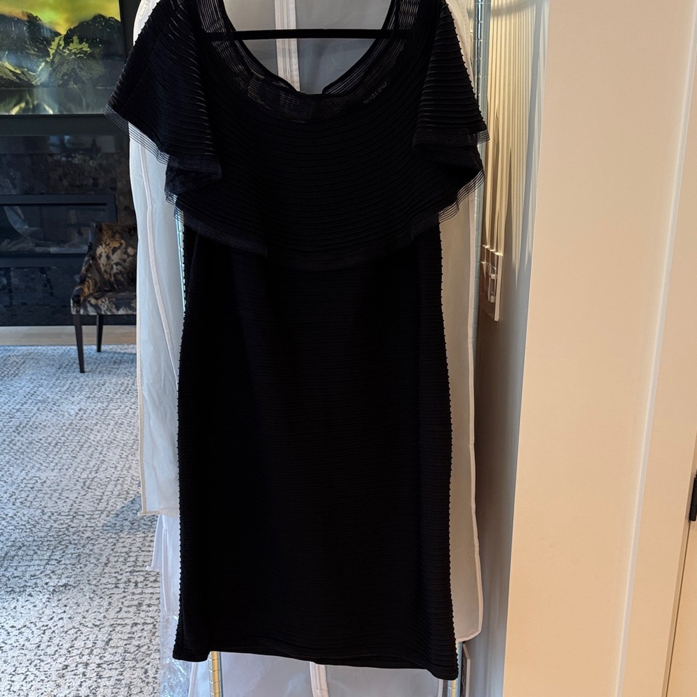 Tadashi Shoji Black Midi Dress with Ruffled Capelet